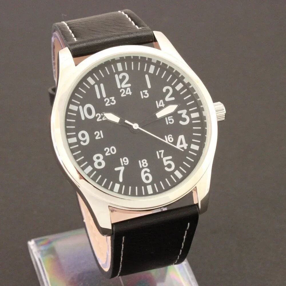 Men's Quartz Field Watch Silver Case Black Leather Strap 42mm - Picture 2 of 12